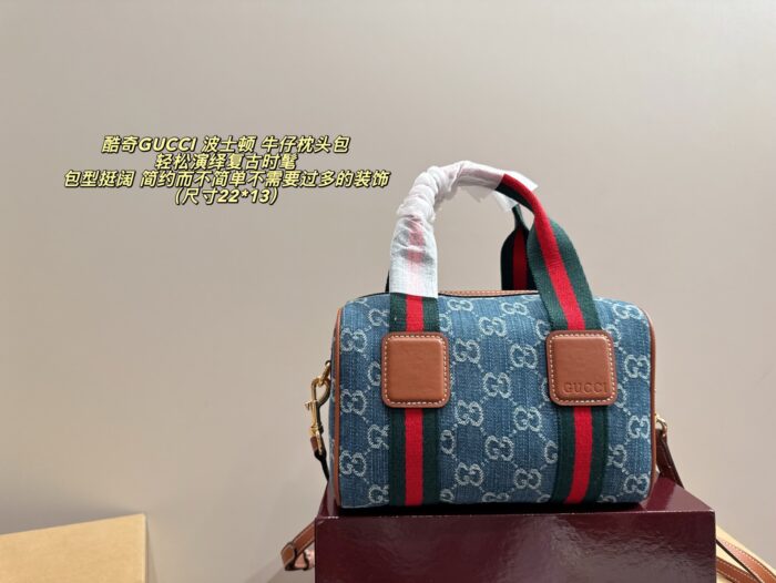 Gucci Boston Denim Pillow Bag Retro Chic Structured Silhouette Minimalist Design - Image 3