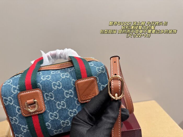 Gucci Boston Denim Pillow Bag Retro Chic Structured Silhouette Minimalist Design - Image 9