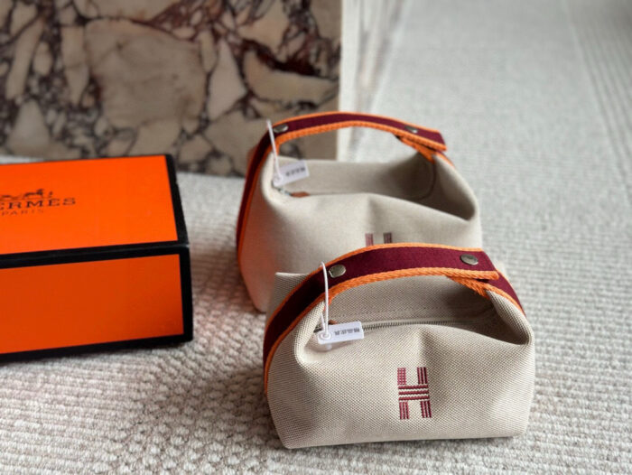 Hermes Toiletry Bag (Lunchbox Bag) Original Canvas Simple Lines Practical - Image 5