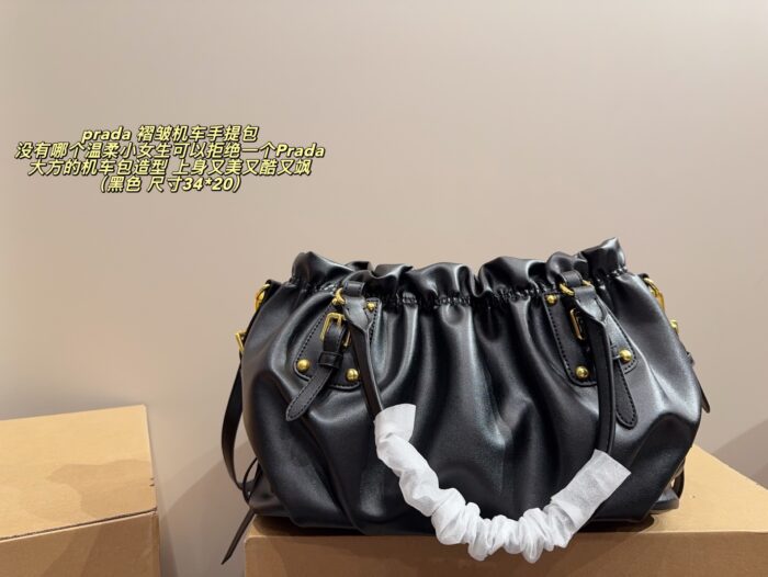Prada Pleated Motorcycle Handbag Black Oiled Leather Lightweight Yet Spacious - Image 2