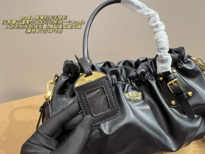 Prada Pleated Motorcycle Handbag Black Oiled Leather Lightweight Yet Spacious - Image 5