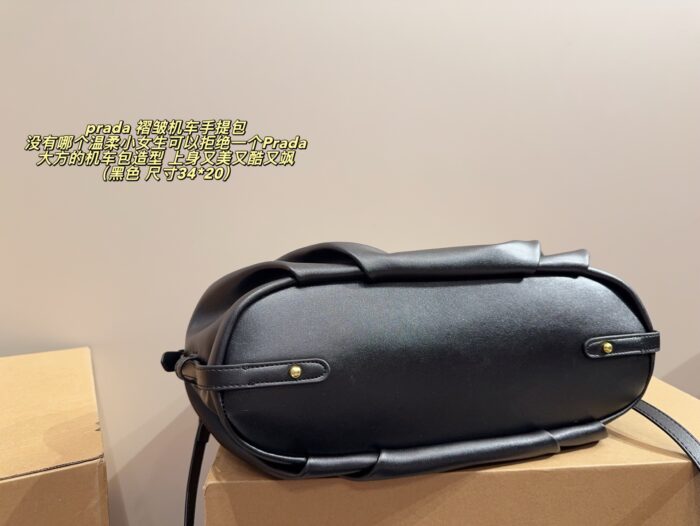 Prada Pleated Motorcycle Handbag Black Oiled Leather Lightweight Yet Spacious - Image 6