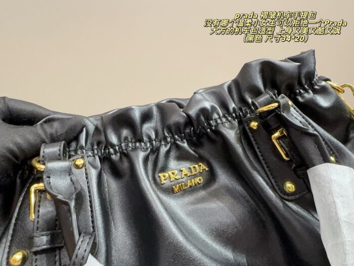 Prada Pleated Motorcycle Handbag Black Oiled Leather Lightweight Yet Spacious - Image 7
