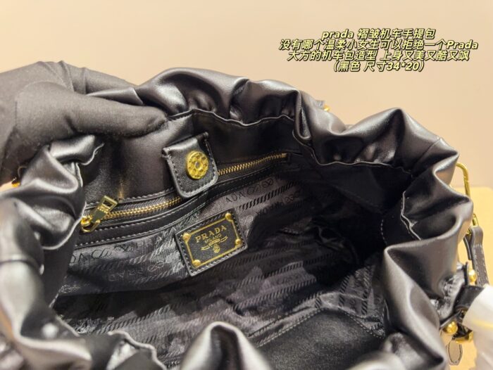 Prada Pleated Motorcycle Handbag Black Oiled Leather Lightweight Yet Spacious - Image 9