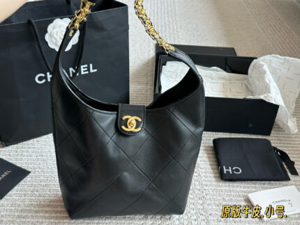 Chanel 25 Series Hobo Bucket Bag In Calfskin With Distinctive Shoulder Strap Design