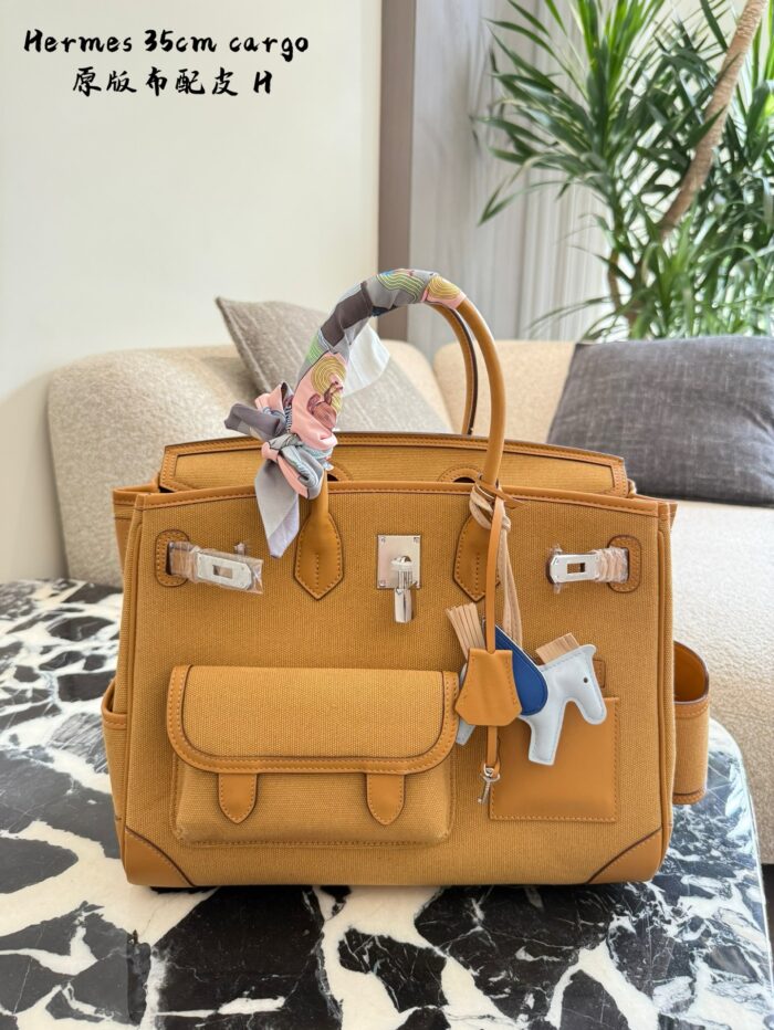 Hermès Cargo Birkin Canvas And Leather Patchwork With Multiple External Pockets And Detachable Water Bottle Holder – Practical Platinum Bag - Image 2
