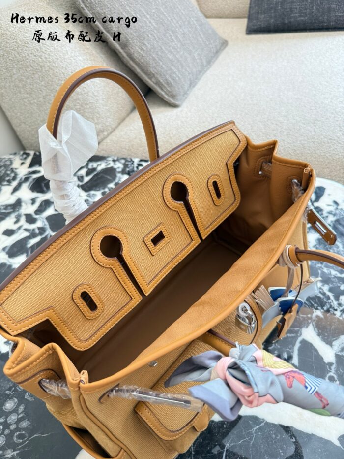 Hermès Cargo Birkin Canvas And Leather Patchwork With Multiple External Pockets And Detachable Water Bottle Holder – Practical Platinum Bag - Image 5