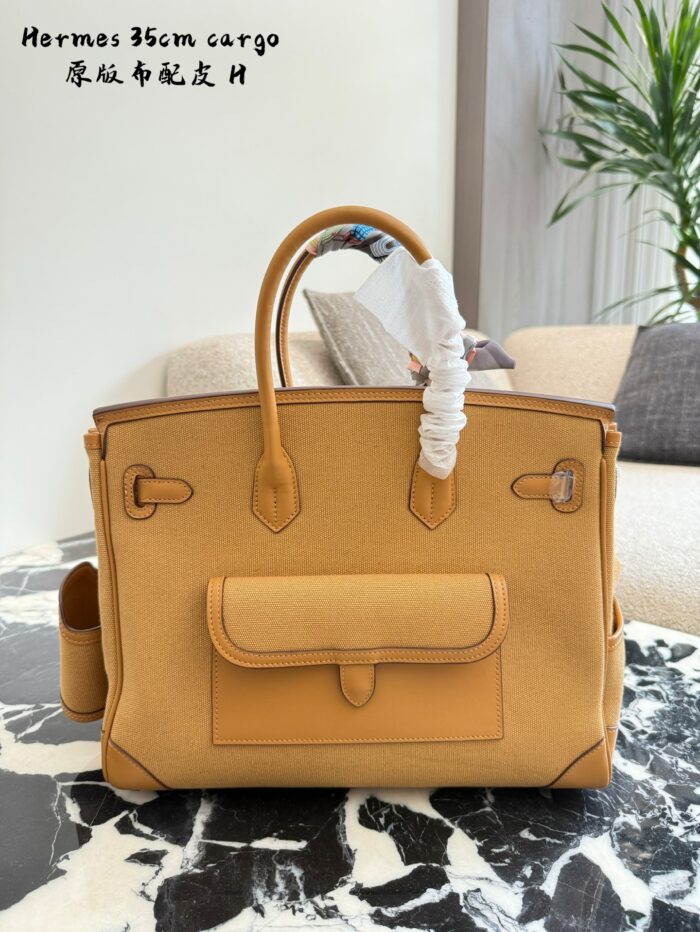 Hermès Cargo Birkin Canvas And Leather Patchwork With Multiple External Pockets And Detachable Water Bottle Holder – Practical Platinum Bag - Image 8