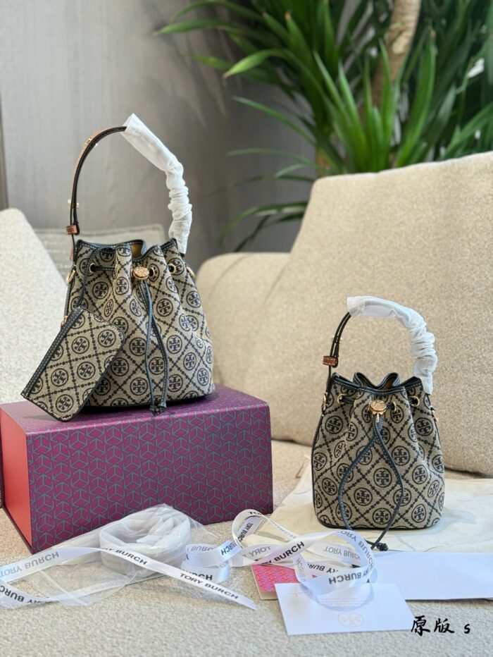 Tory Burch New Vintage Print Mini Bucket Drawstring Bag With Adjustable Handle, Underarm Style - Image 1