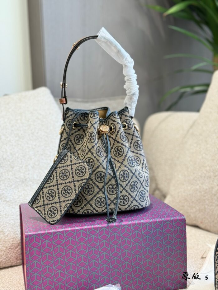 Tory Burch New Vintage Print Mini Bucket Drawstring Bag With Adjustable Handle, Underarm Style - Image 2