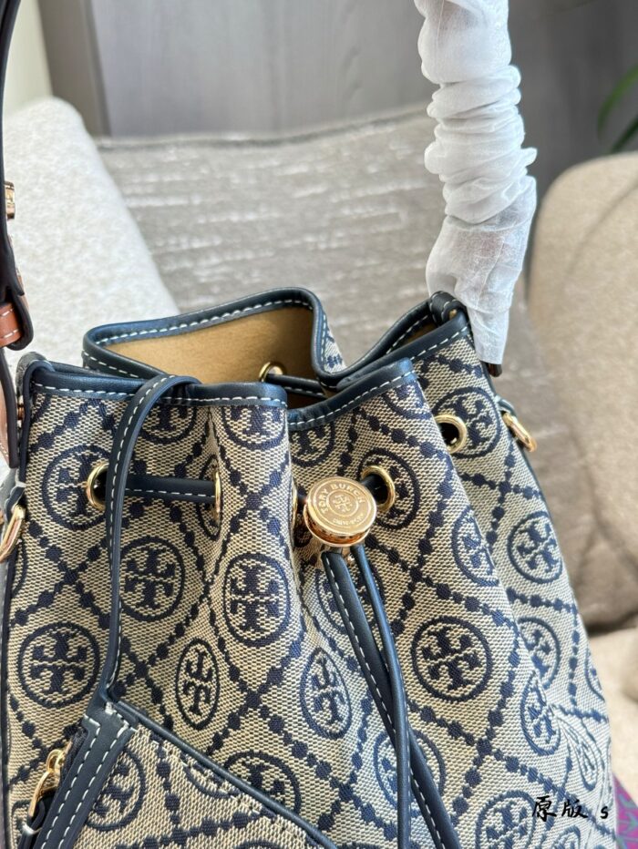 Tory Burch New Vintage Print Mini Bucket Drawstring Bag With Adjustable Handle, Underarm Style - Image 3