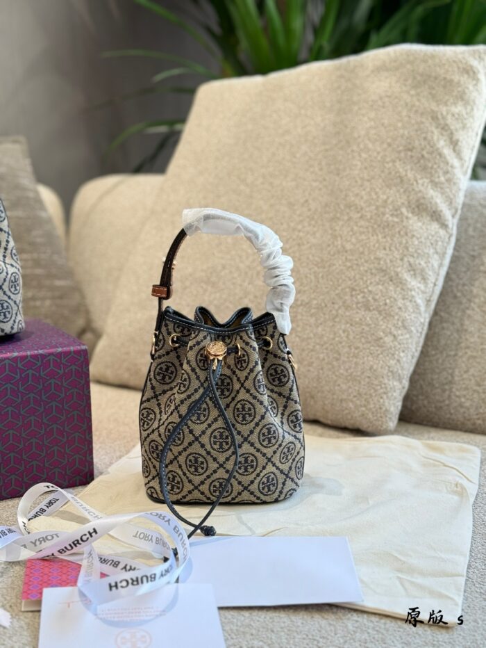 Tory Burch New Vintage Print Mini Bucket Drawstring Bag With Adjustable Handle, Underarm Style - Image 4