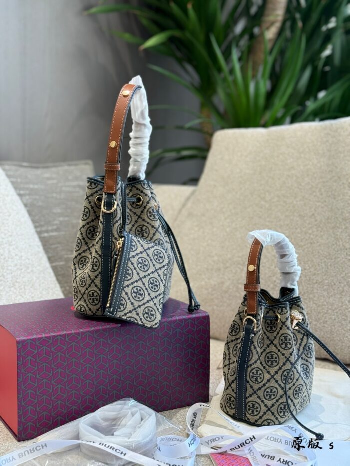 Tory Burch New Vintage Print Mini Bucket Drawstring Bag With Adjustable Handle, Underarm Style - Image 5
