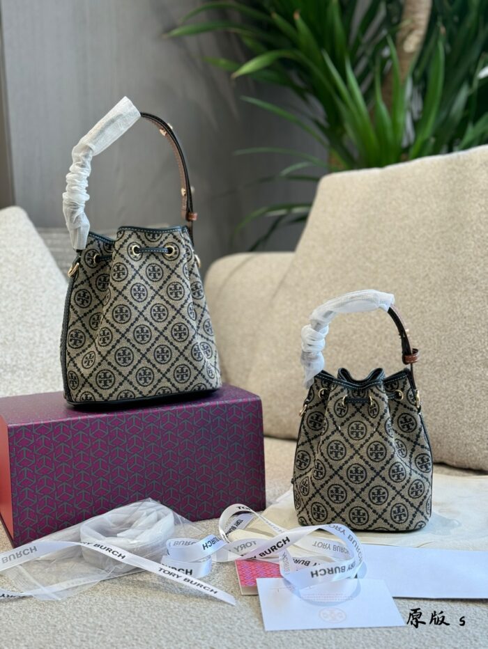 Tory Burch New Vintage Print Mini Bucket Drawstring Bag With Adjustable Handle, Underarm Style - Image 7