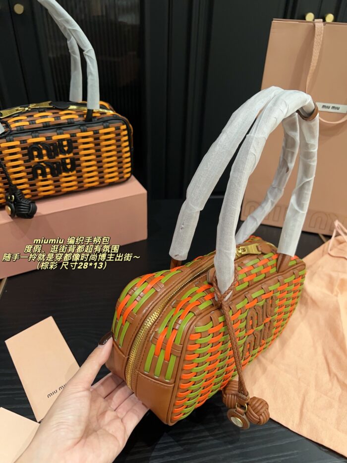 Miu Miu Woven Handle Bag With Contrasting Colour Pendant Casual Holiday Shopping Tote - Image 5