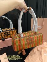Miu Miu Woven Handle Bag With Contrasting Colour Pendant Casual Holiday Shopping Tote - Image 6