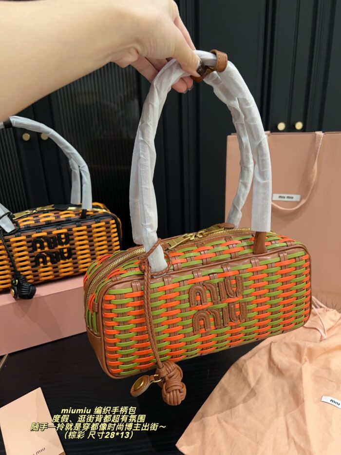 Miu Miu Woven Handle Bag With Contrasting Colour Pendant Casual Holiday Shopping Tote - Image 6