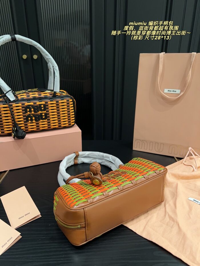 Miu Miu Woven Handle Bag With Contrasting Colour Pendant Casual Holiday Shopping Tote - Image 8