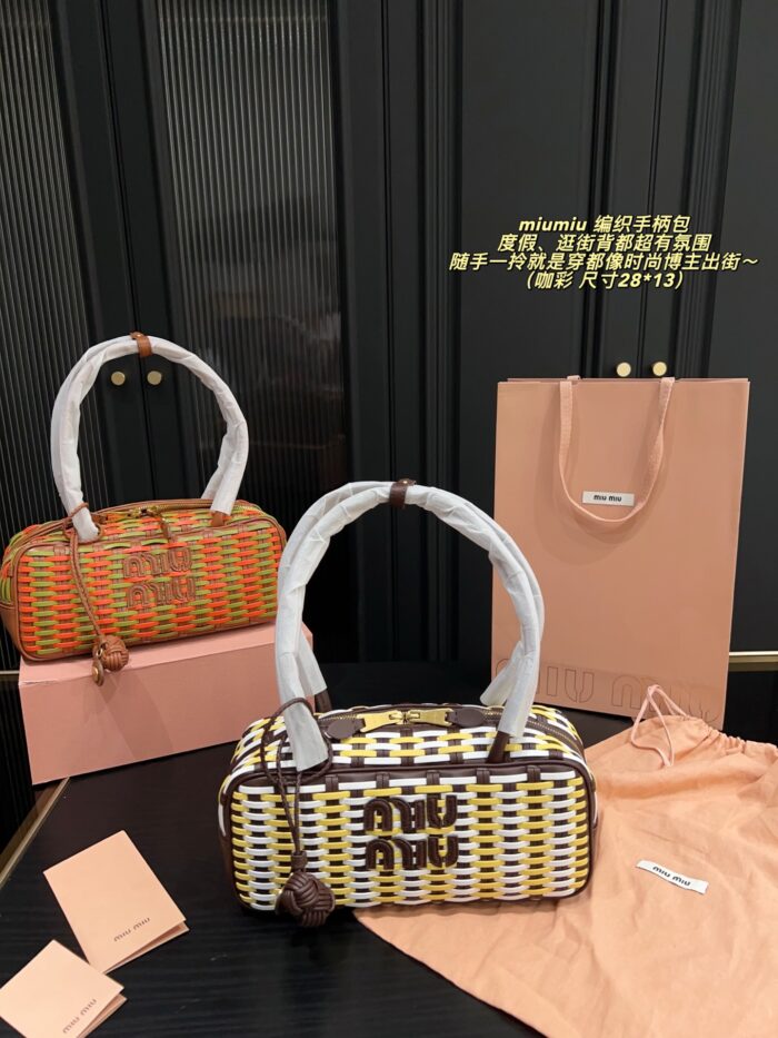 Miu Miu Woven Handle Bag With Contrasting Colour Pendant Casual Holiday Shopping Tote - Image 12
