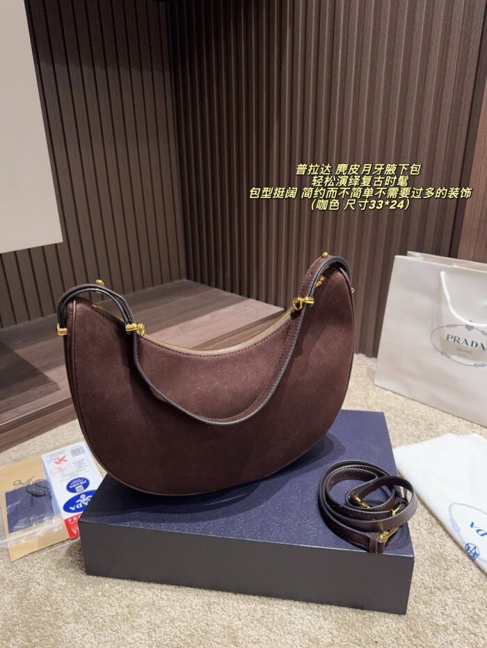 Prada Suede Crescent Underarm Bag Retro Chic Structured Silhouette Minimalist Design - Image 2
