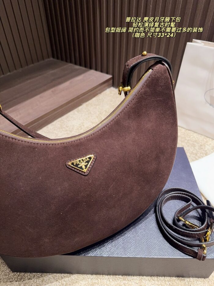 Prada Suede Crescent Underarm Bag Retro Chic Structured Silhouette Minimalist Design - Image 5