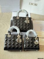 Dior Lady Patent Leather Silver Buckle Lambskin Handbag With Adjustable Shoulder Strap