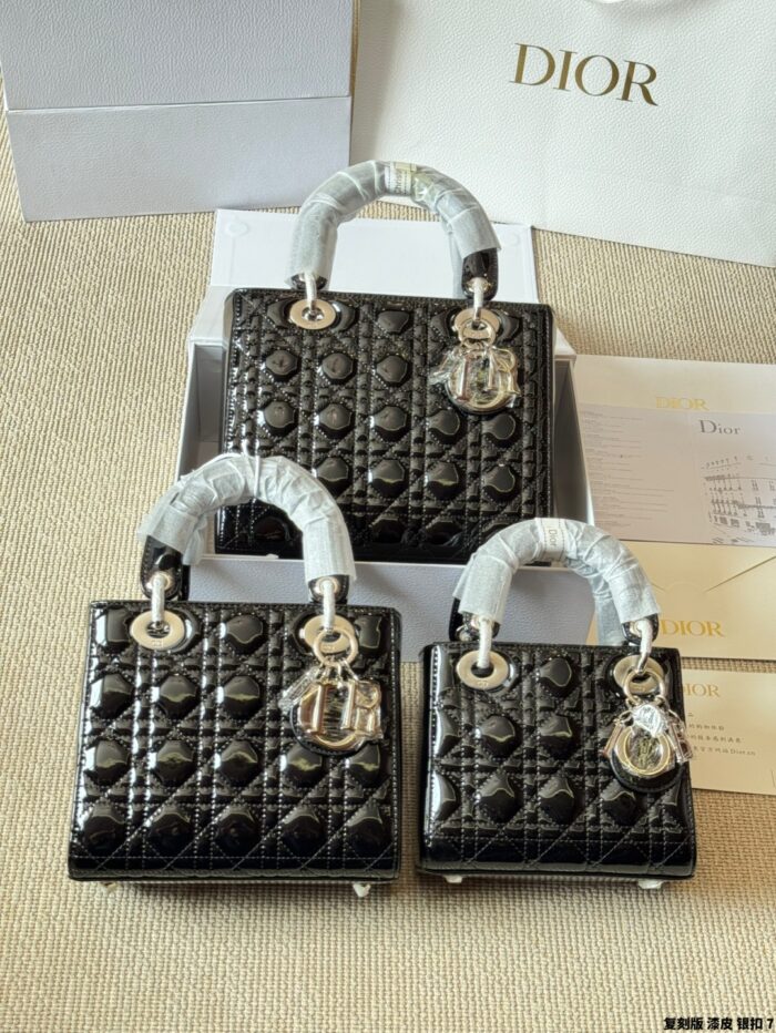 Dior Lady Patent Leather Silver Buckle Lambskin Handbag With Adjustable Shoulder Strap - Image 1