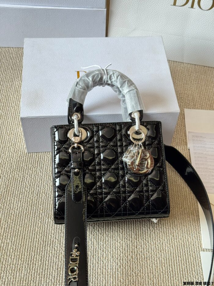 Dior Lady Patent Leather Silver Buckle Lambskin Handbag With Adjustable Shoulder Strap - Image 5