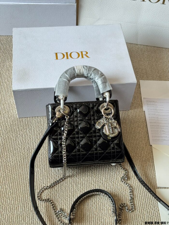 Dior Lady Patent Leather Silver Buckle Lambskin Handbag With Adjustable Shoulder Strap - Image 6