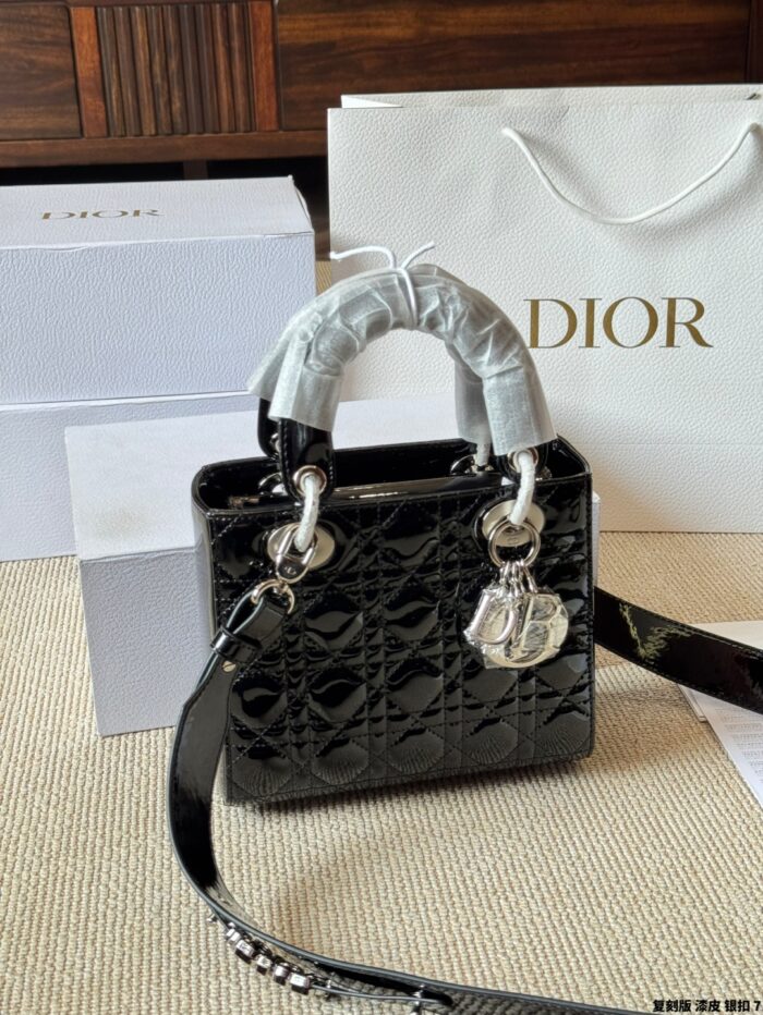 Dior Lady Patent Leather Silver Buckle Lambskin Handbag With Adjustable Shoulder Strap - Image 7