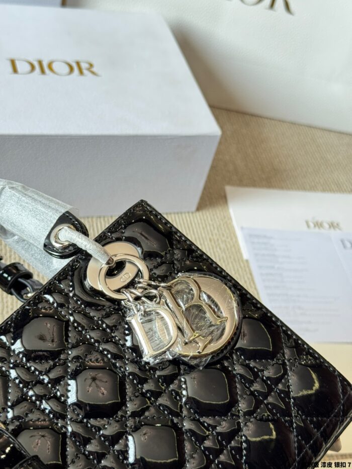 Dior Lady Patent Leather Silver Buckle Lambskin Handbag With Adjustable Shoulder Strap - Image 8