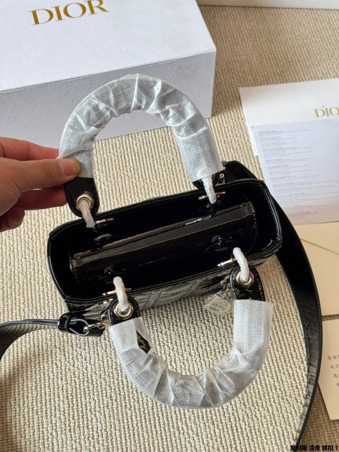 Dior Lady Patent Leather Silver Buckle Lambskin Handbag With Adjustable Shoulder Strap - Image 9