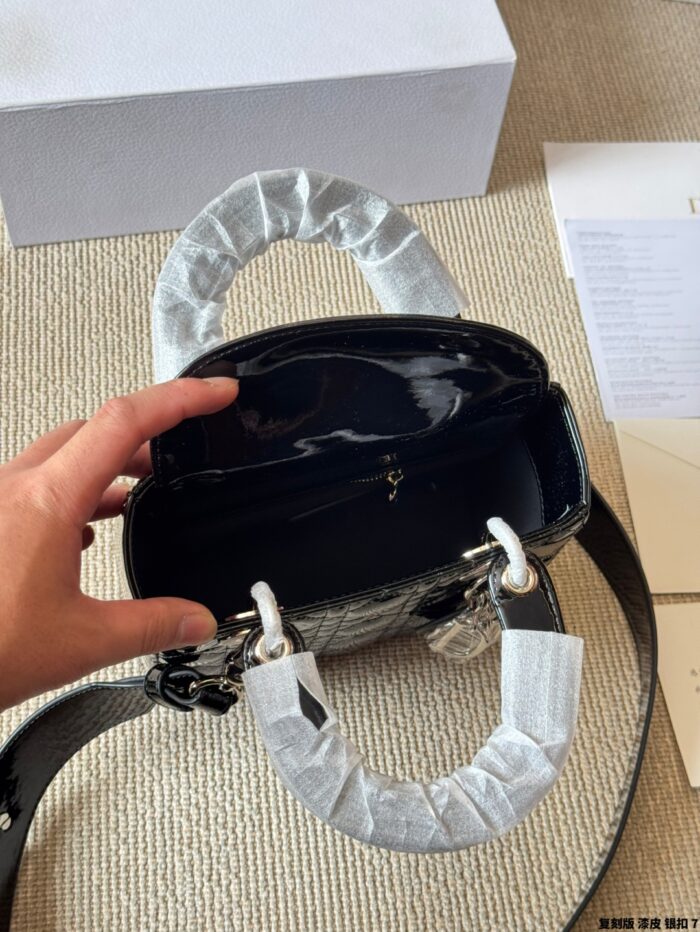 Dior Lady Patent Leather Silver Buckle Lambskin Handbag With Adjustable Shoulder Strap - Image 10