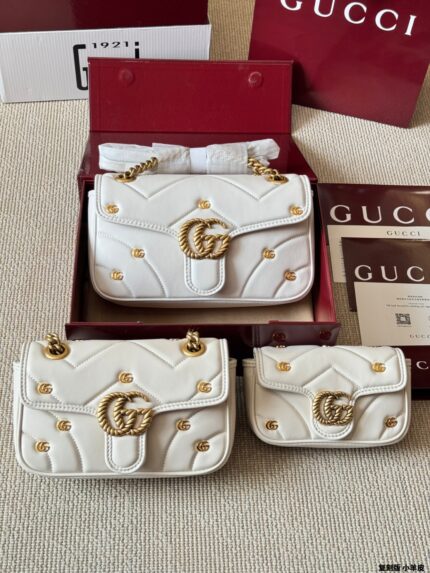 Gucci Gg Marmont Sheepskin Quilted Double G Rivet Slide Chain Shoulder Bag