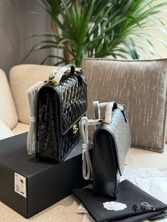 Chanel 22K Lacquered Leather Backpack - Black & Gold Vintage School Style - Image 3