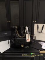 Chanel Shopping Bag Tote Black & Gold Quilted Leather Chunky Chain Straps Genuine Leather Vintage Design Generous Capacity