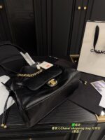Chanel Shopping Bag Tote Black & Gold Quilted Leather Chunky Chain Straps Genuine Leather Vintage Design Generous Capacity - Image 8