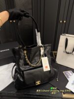 Chanel Shopping Bag Tote Black & Gold Quilted Leather Chunky Chain Straps Genuine Leather Vintage Design Generous Capacity - Image 12