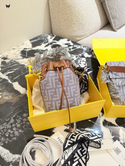 Fendi Fringe Collection Denim Blue Vintage Print Mini "Treasure" Bucket Bag - Can Be Handheld Or Crossbody, Versatile