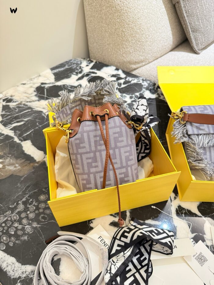 Fendi Fringe Collection Denim Blue Vintage Print Mini "Treasure" Bucket Bag - Can Be Handheld Or Crossbody, Versatile - Image 1