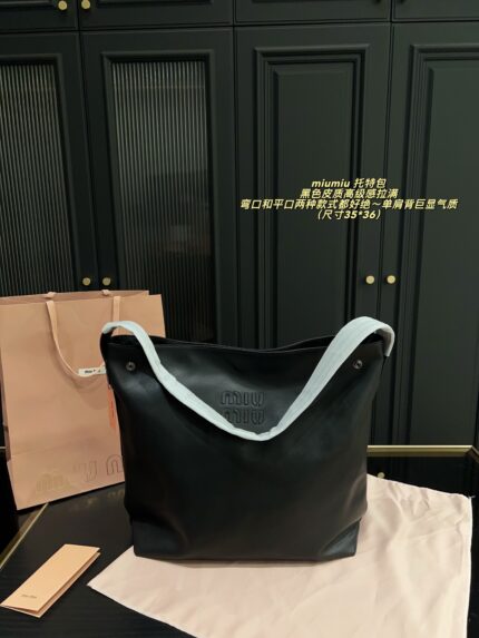 Miu Miu Single Strap Tote Bag Black Leather Curved Or Straight Handle Single Shoulder Strap Generous Capacity