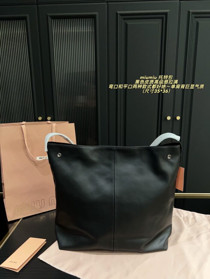 Miu Miu Single Strap Tote Bag Black Leather Curved Or Straight Handle Single Shoulder Strap Generous Capacity - Image 2