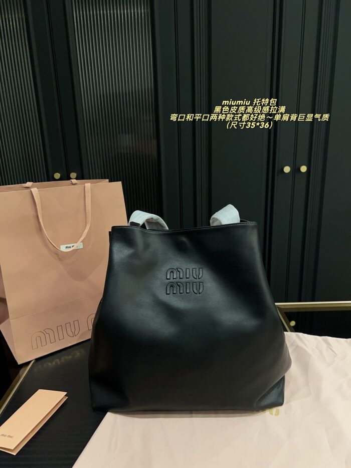 Miu Miu Single Strap Tote Bag Black Leather Curved Or Straight Handle Single Shoulder Strap Generous Capacity - Image 3