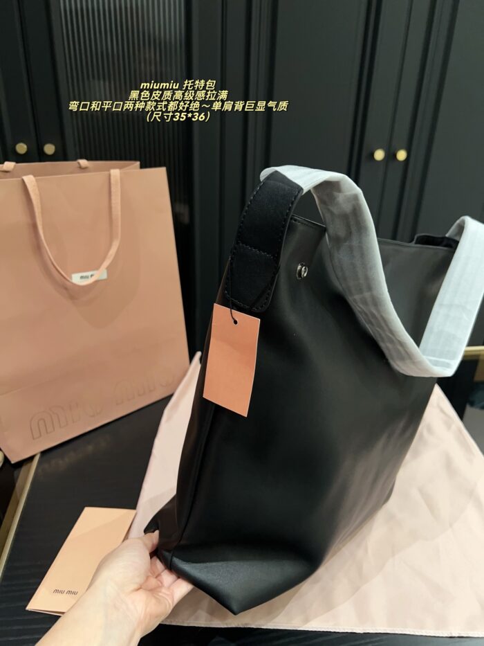 Miu Miu Single Strap Tote Bag Black Leather Curved Or Straight Handle Single Shoulder Strap Generous Capacity - Image 7