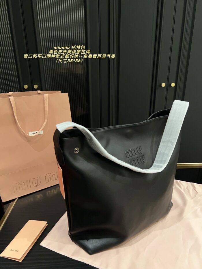 Miu Miu Single Strap Tote Bag Black Leather Curved Or Straight Handle Single Shoulder Strap Generous Capacity - Image 9