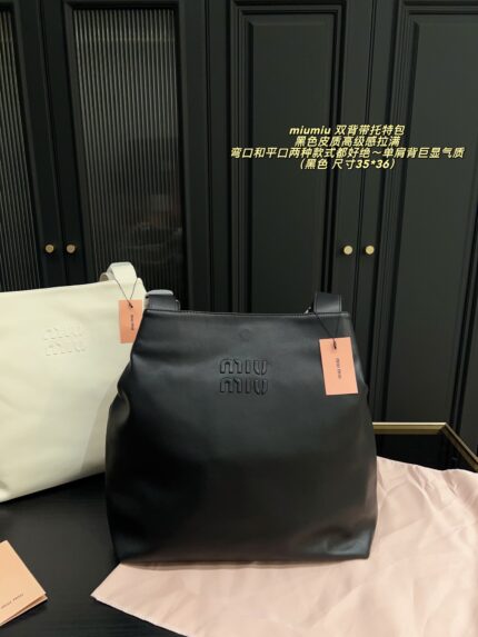Miu Miu Double Strap Tote Bag Black Leather Curved Or Straight Handle Elegant When Worn Over The Shoulder Generous Capacity