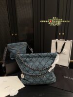 Chanel 22 Bag Denim Tote White Topstitching On Blue Denim Matching Chain Strap With Silver Hardware Surprisingly Spacious