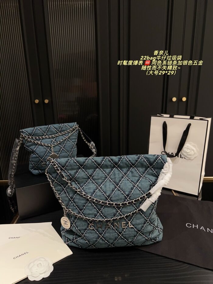 Chanel 22 Bag Denim Tote White Topstitching On Blue Denim Matching Chain Strap With Silver Hardware Surprisingly Spacious - Image 1