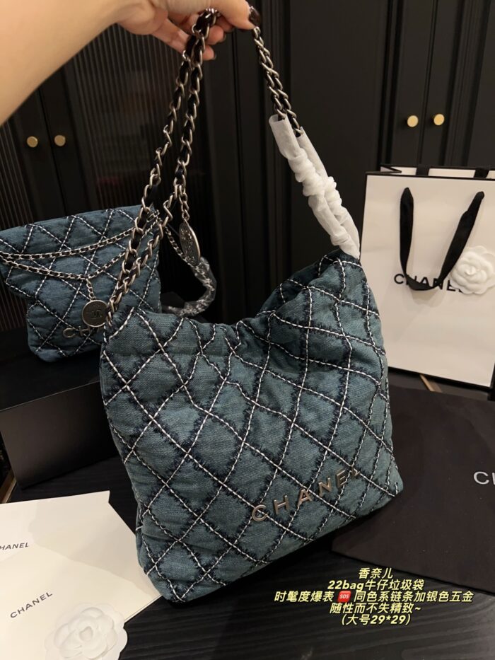 Chanel 22 Bag Denim Tote White Topstitching On Blue Denim Matching Chain Strap With Silver Hardware Surprisingly Spacious - Image 2