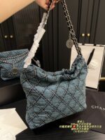 Chanel 22 Bag Denim Tote White Topstitching On Blue Denim Matching Chain Strap With Silver Hardware Surprisingly Spacious - Image 3